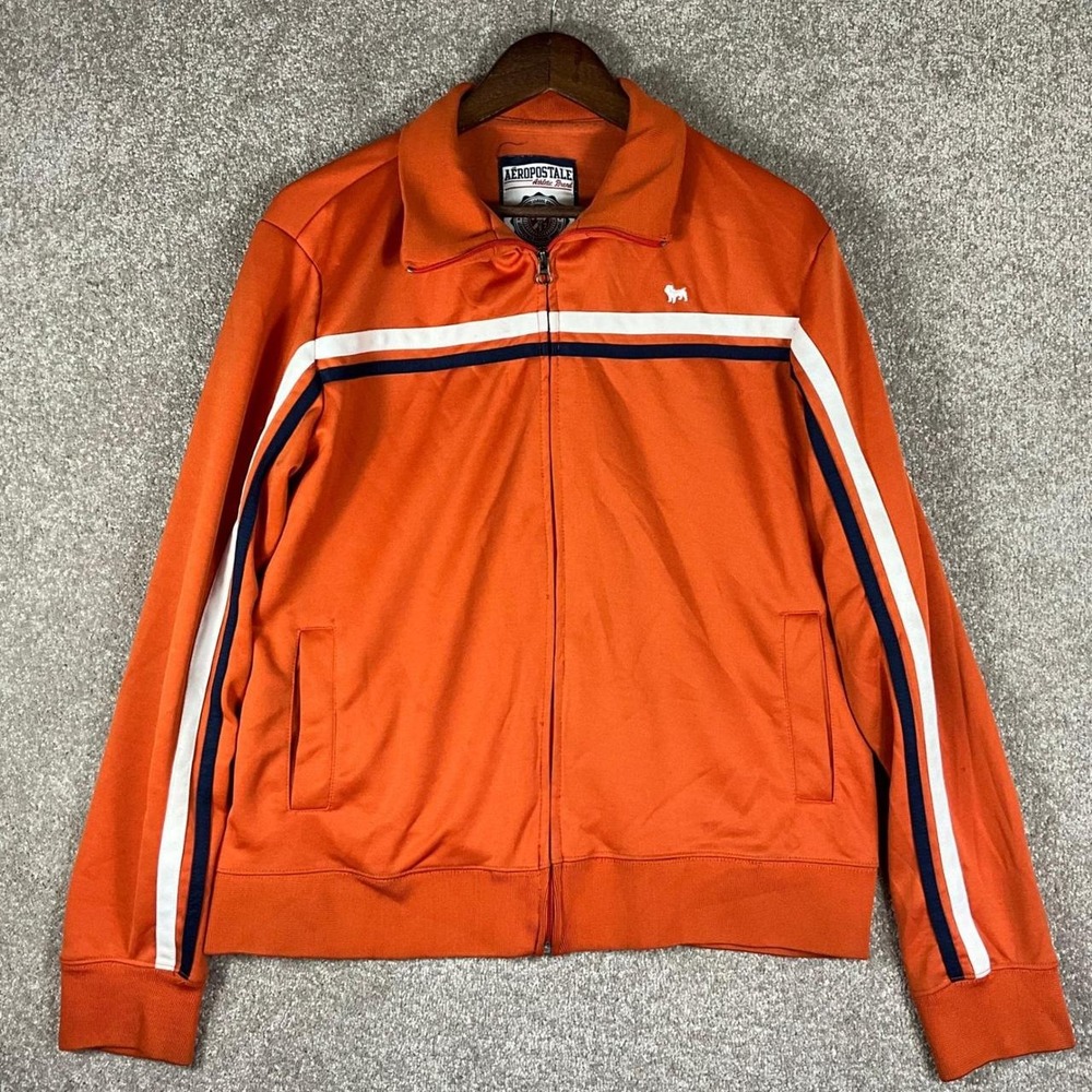 Aeropostale Mens Track Jacket Orange Full Zip Striped Athletic Logo Large